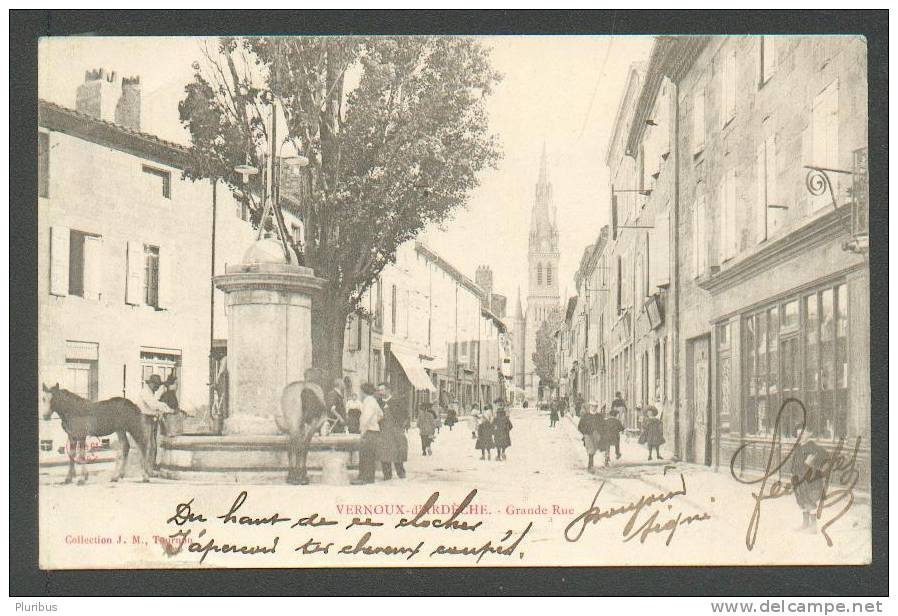 1902 FRANCE, VERNOUX, GRANDE RUE, CHURCH , OLD POSTCARD - Vernoux