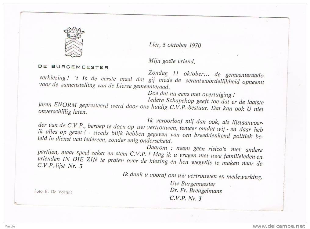 Lier Oktober 1970 Gemeenteraads Verkiezingen Burgemeester Dr Fr Breugelmans - Lier