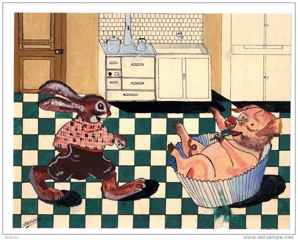 Gouache Originale De Charles Henon: Lapin Et Cochon Dans Une Cuisine (10-11-7) - Waterverf