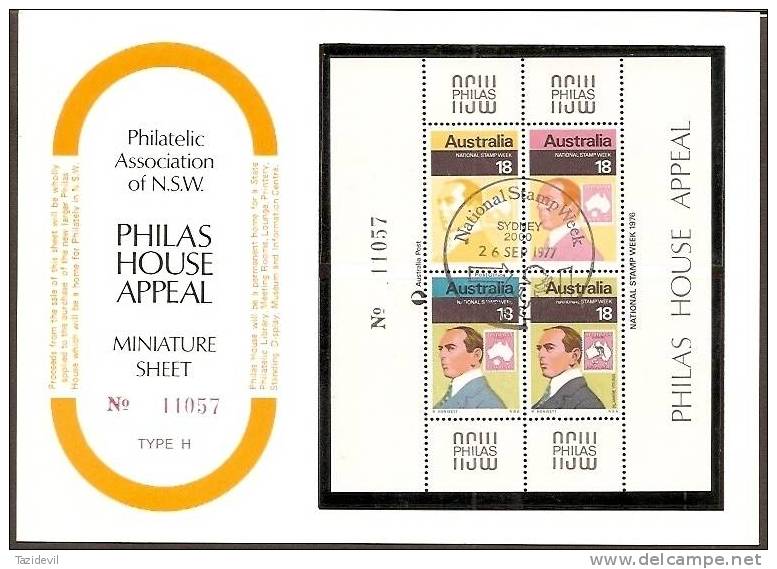 AUSTRALIA - Rare 1977 Stamp Week Souvenir Sheet Overprinted And Numbered "Philas House Appeal". Used - Cinderelas