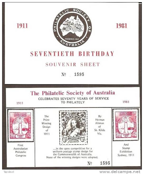AUSTRALIA - 1981 Seventieth Birthday Souvenir Sheet. Scarce Item - Cinderellas