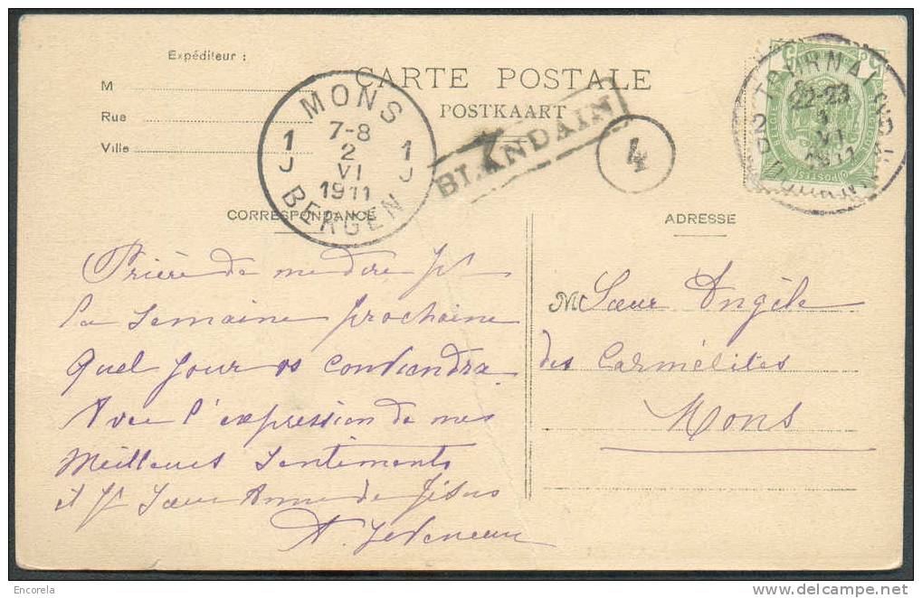 N°83 - 5 Centimes Obl. Sc TOURNAI 2  S/C.V. Du 1-VI-1911 + Griffe Encadrée BLANDAIN Vers Mons - 6523 - Griffes Linéaires