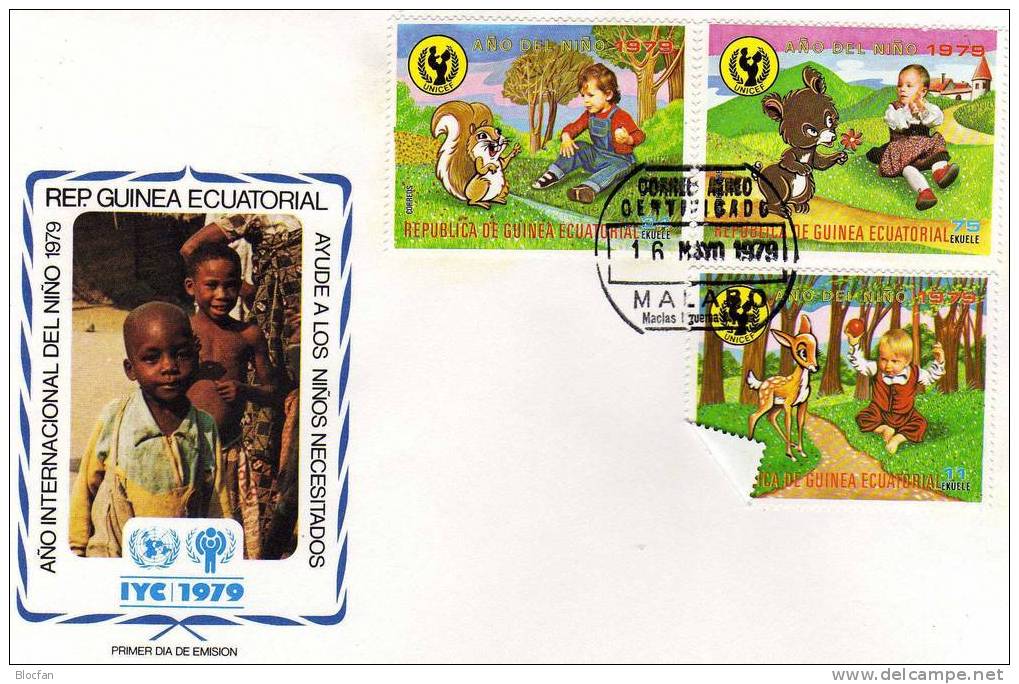 Tiere Und Kinder UNO Jahr Des Kindes 1979 Äquatorial-Guinea 1483/7 Plus Block 314 FDC 16€ UNICEF Cover From Africa - Poupées