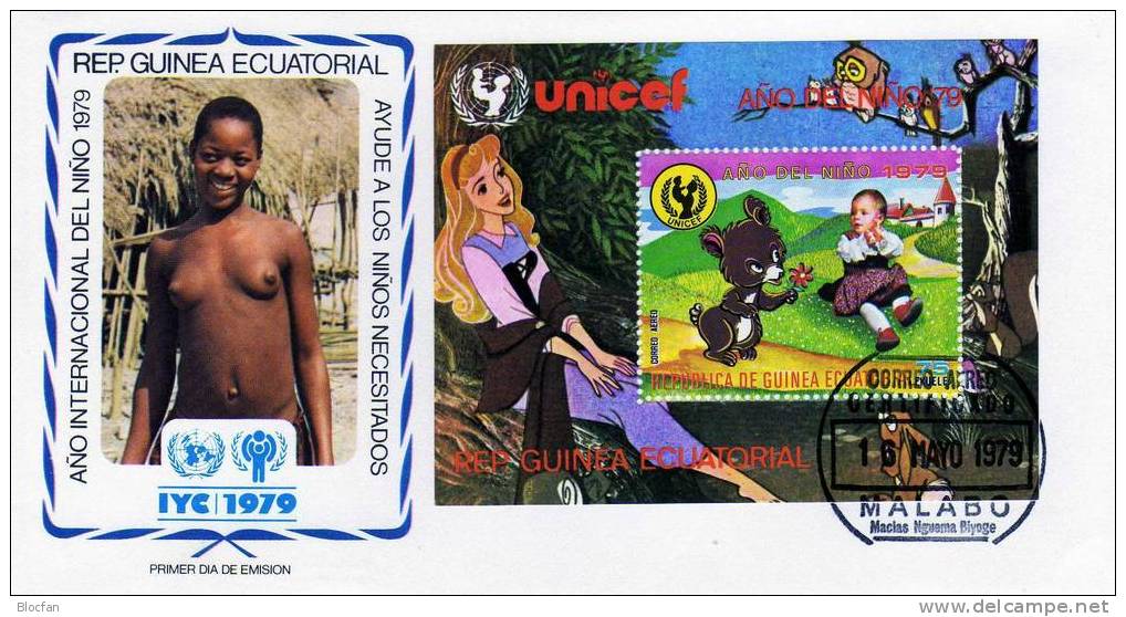 Tiere Und Kinder UNO Jahr Des Kindes 1979 Äquatorial-Guinea 1483/7 Plus Block 314 FDC 16€ UNICEF Cover From Africa - Poppen