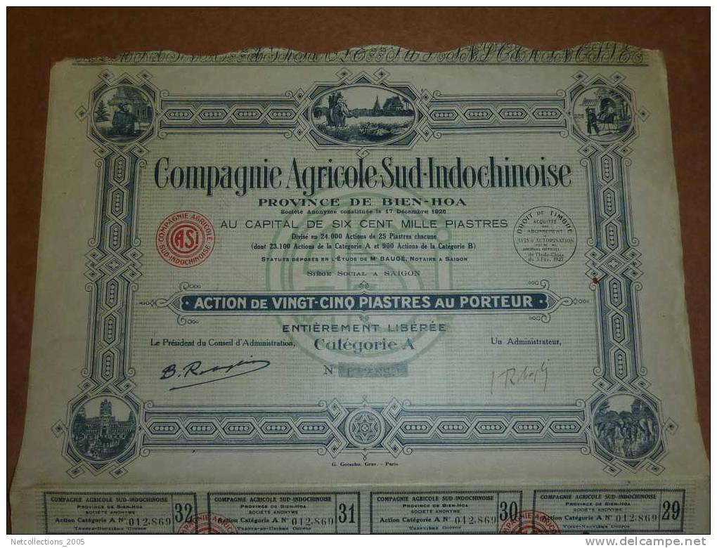 COMPAGNIE AGRICOLE SUD-INDOCHINOISE, PROVINCE DE BIEN-HOA (bleu Gris) - ACTIONS TITRES - Asie