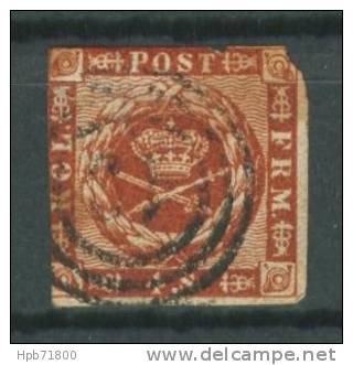 Timbre-poste Oblitéré Charnière - Insigne Royale Fond Ondulé 4 Skill - N° 8 (Yvert) - Royaume Du Danemark 1858 - Usati