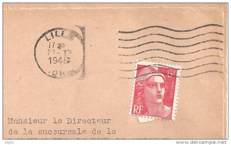 Marianne Gandon 6 Francs, Mêches Reliées état 2, Oblitération Frankers-Secap De Lille - Devant D'Enveloppe    (H185) - Unclassified