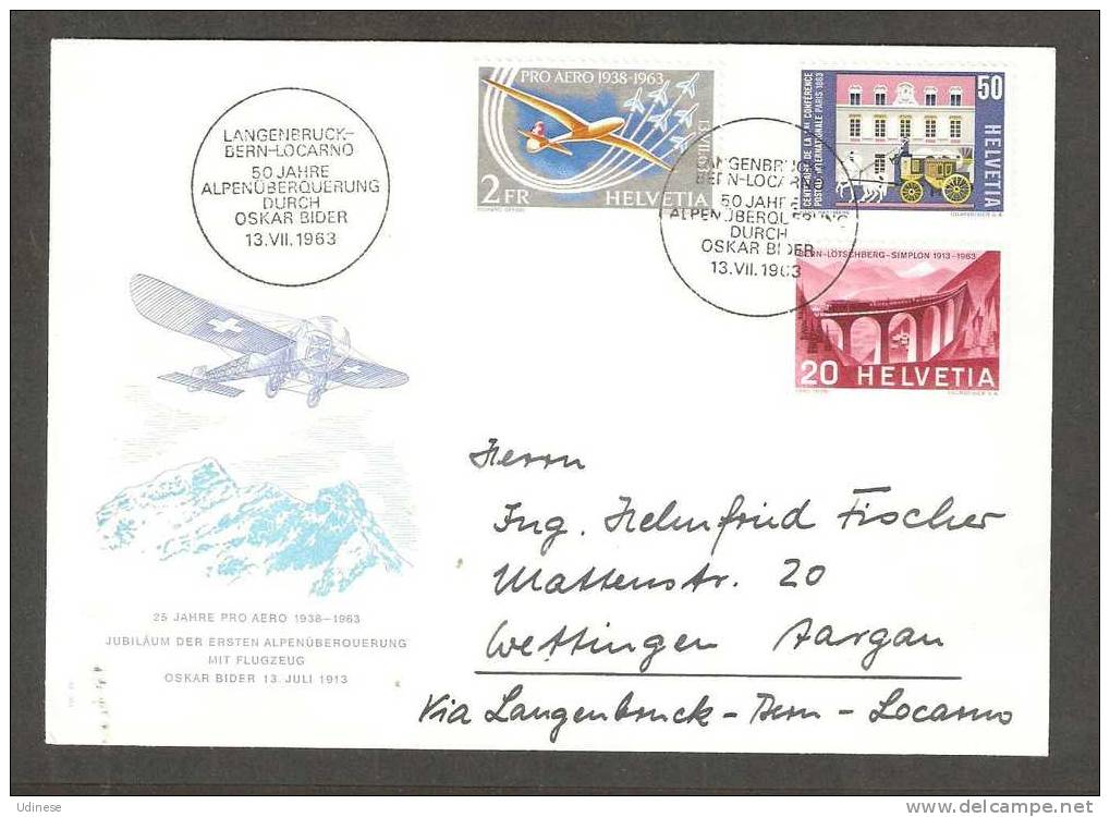 SWITZERLAND 1963 - 25 YEARS PRO AERO - 50 YEARS OSKAR BIDER FLIGHT - ADDRESSED COVER WITH SPECIAL CANCELLATION - Avions