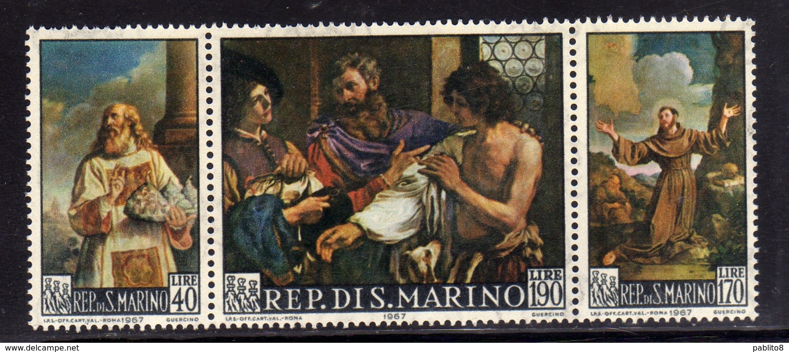 REPUBBLICA DI SAN MARINO 1967 DIPINTI DEL GUERCINO TRITTICO SERIE COMPLETA COMPLETA MNH - Neufs