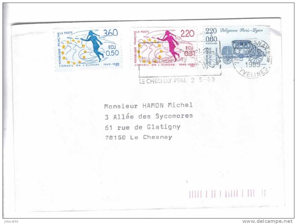 Lettre Flamme Le Chesnay Sur Journée Du Timbre 1989 Yvert 2577 Et Timbres Conseil De L´ Europe 100 Et 101 - Covers & Documents