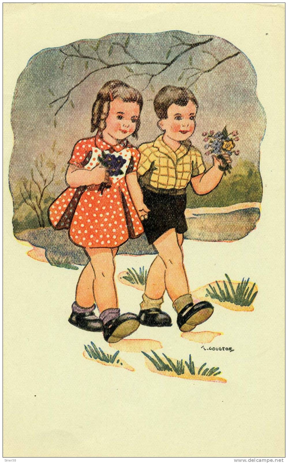 Illustrateur GOUGEON - Petite Fille Et Petit Garcon Se Promenant - Gougeon