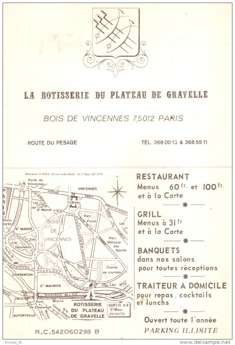 PARIS 12  BOIS DE VINCENNES   ( LA ROTISSERIE DU PLATEAU DE GRAVELLE )  CARTE COMMERCIALE  SUPERBE  ! ! ! - Cartes De Visite