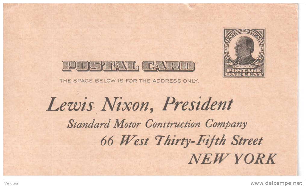 CARTE POSTALE COMMERCIALE PRIVEE LEWIS NIXON STANDARD MOTOR CONSTRUCTION COMPANY - 1901-20