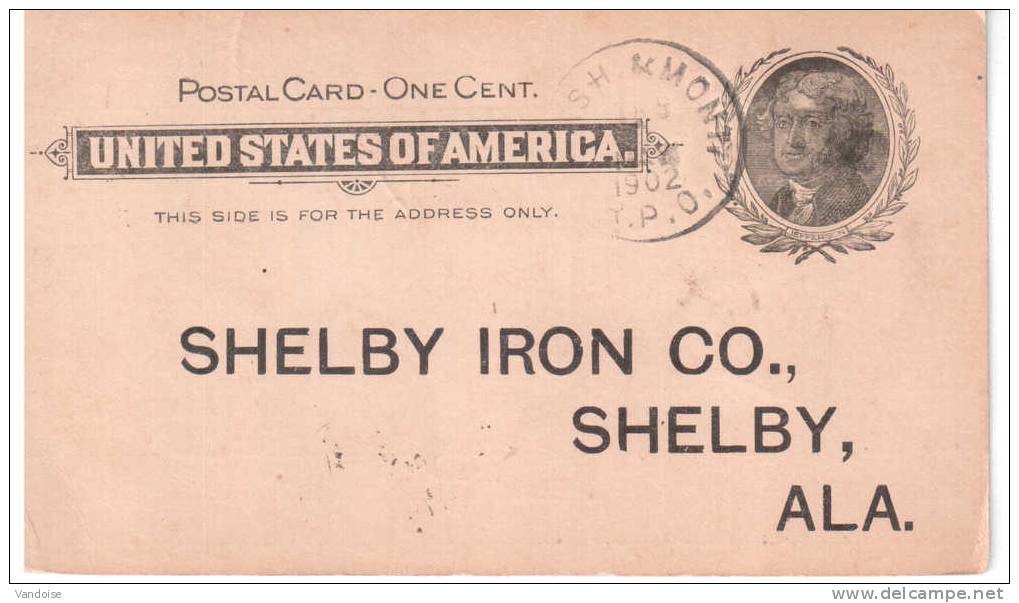 CARTE POSTALE COMMERCIALE PRIVEE 1902 SHELBY IRON CO - 1901-20