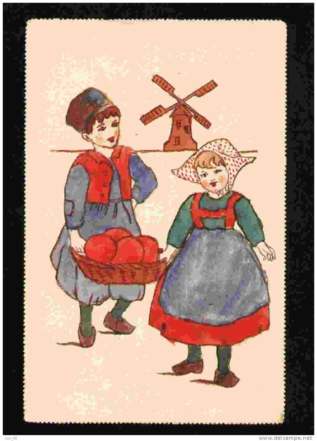 29411 Illustrator Raphael TUCK 'S Paintbox WINDMILL W YOUNG GIRL BOY Pc - Tuck, Raphael