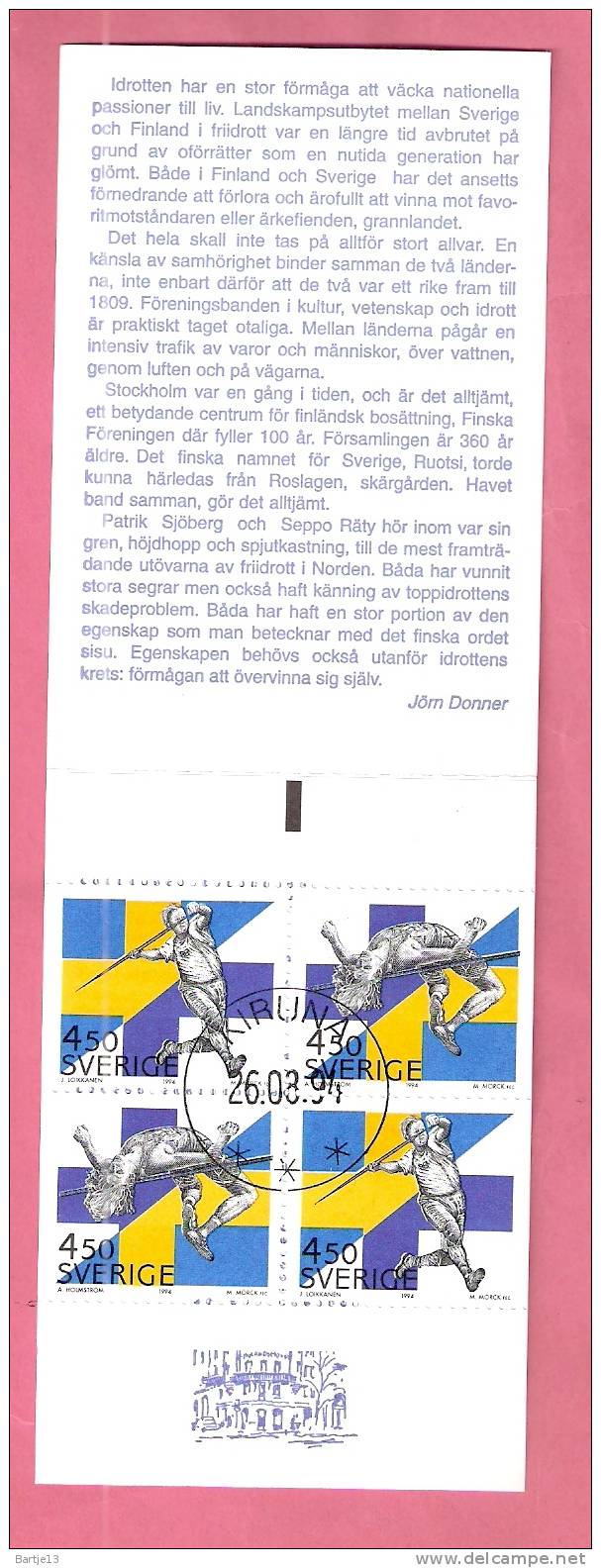 ZWEDEN SVERIGE BOEKJE 1994 BOOKLET USED SPORTS - 1981-..