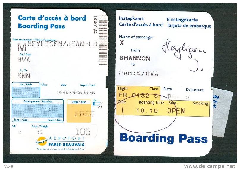 Aéroports, Aviation : Carte D´accès à Bord, Boarding Pass, Beauvais-Shannon (Irlande) Et Shannon-Beauvais (2005) - Europe
