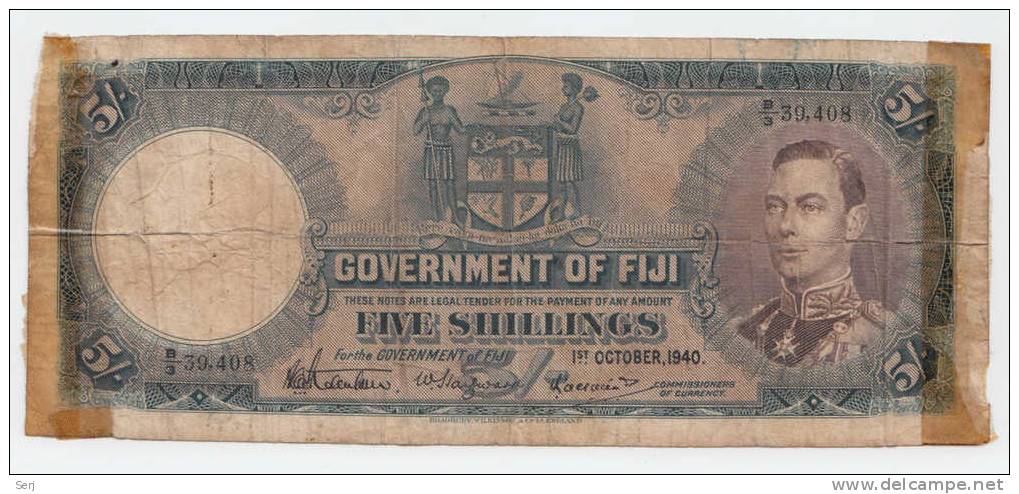 Fiji 5 Shillings 1940 RARE Banknote P 37c  37 C - Figi