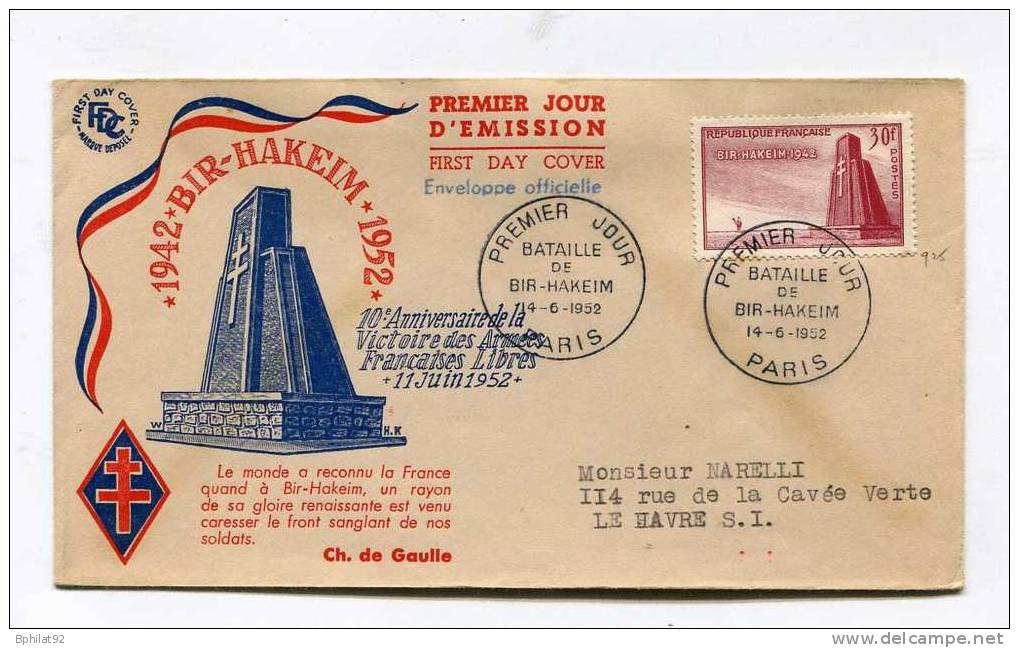 !!! ENVELOPPE 1ER JOUR BIR HAKEIM CACHET 1ER JOUR DE PARIS - 1950-1959