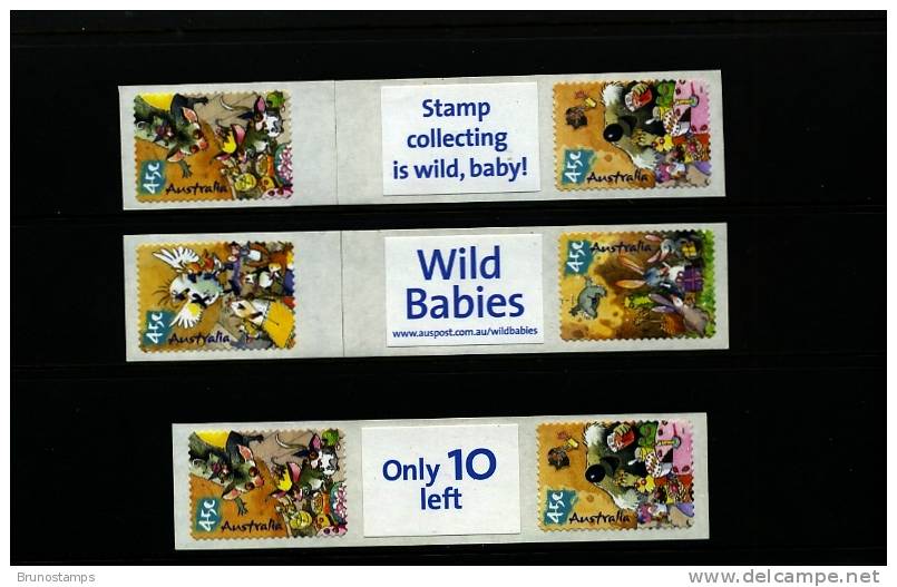AUSTRALIA - 2001 WILD BABIES  P&S   SET OF 3 JOINED PAIRS WITH DIFFERENT TABS  MINT NH - Neufs