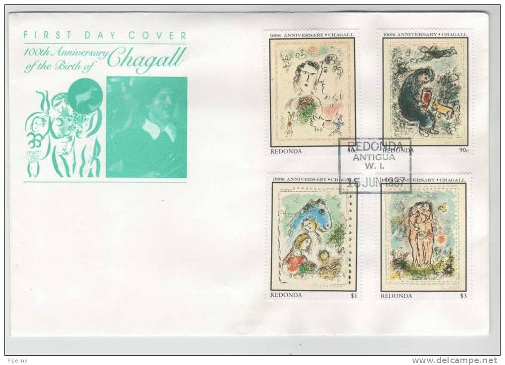 Redonda FDC 15-6-1987 CHAGALL Painting 4 Stamps With Cachet - Moderne