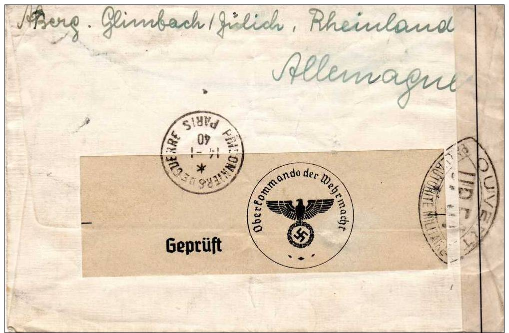 Lettre D'Allemagne, JULICH 1940, Pour Bordeaux, Controle Militaire + Censure Oblitéré PRISONNIERS De GUERRE, PARIS - Guerra Del 1939-45