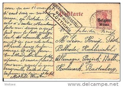 BB075/  BESETYTES BELGIEN - Germania Ganzsache P 7. Naninne (Andoy 1917). Über Postüberwachung Lüttich - Occupation Allemande