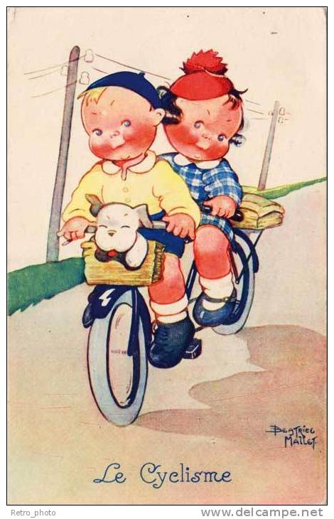 Cpa Signée Béatrice Mallet, Enfants Sur Vélo, Tandem - Mallet, B.