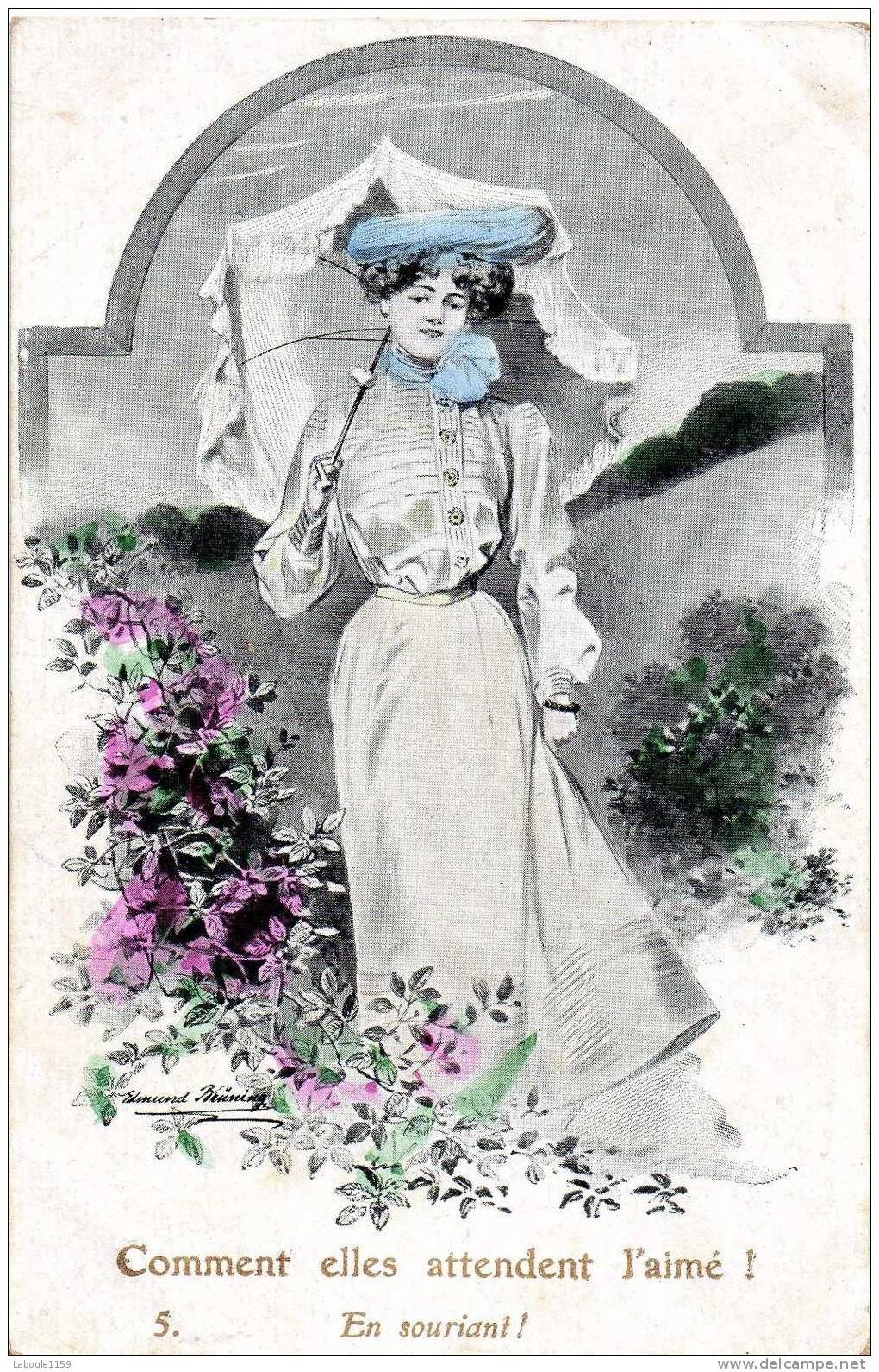 FANTAISIE FEMME ILLUSTRATEUR BRUENING N°5 : Comment Elles Attendent L´ Aimé, En Souriant - Ombrelle Chapeau - Brüning, Max