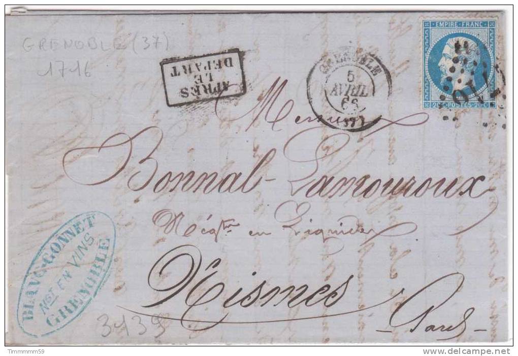 LT3139  N°22/Lettre, Oblit GC 1716 GRENOBLE(37) Du 5 Avril 1866 - 1862 Napoléon III