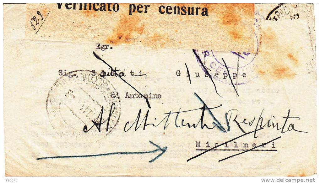 PALERMO  /  MISILMERI -Piego -  "Verificato Per Censura" -28.11.1944 - Storia Postale