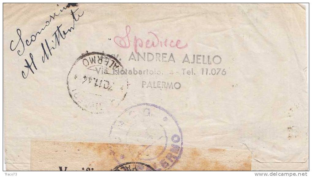 PALERMO  /  MISILMERI -Piego -  "Verificato Per Censura" -28.11.1944 - Marcophilie