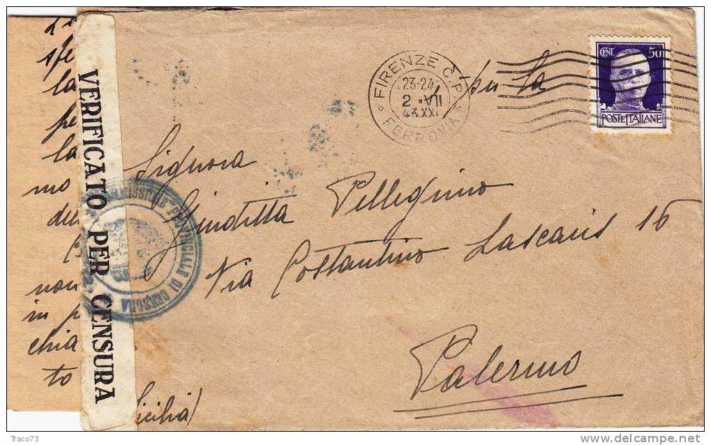 FIRENZE /  PALERMO - Lettera - " Verificato Per Censura "  2.7.1943 - Imperiale Cent. 50 - Marcophilie