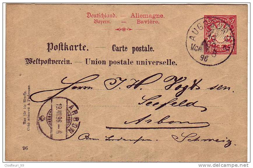 Ganzsache Augsburg 19.VIII.1896 Zur Schweiz - Entiers Postaux