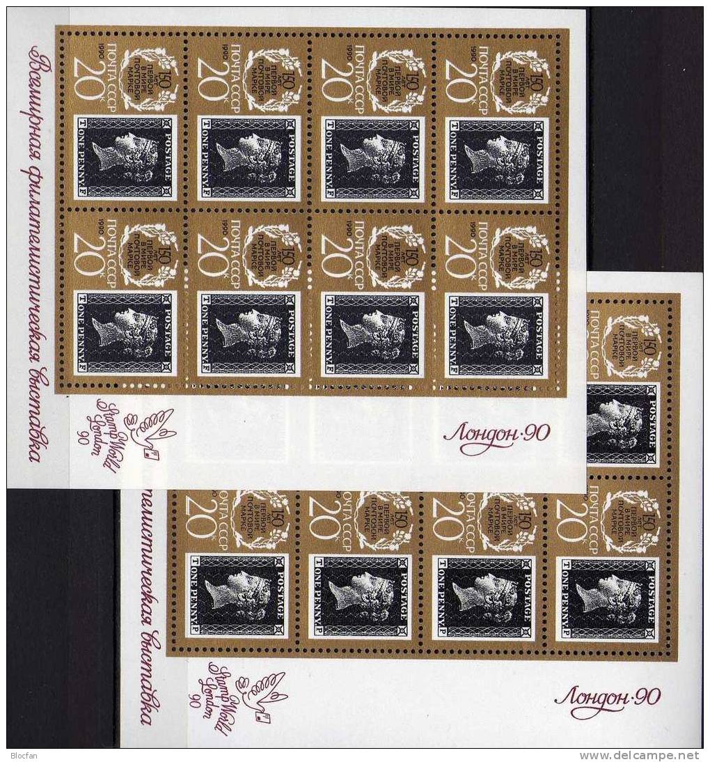 150 Jahre Briefmarken 1990 Sowjetunion 6067 8-KB Typ I+II ** 30€ Black Penny #1 Eckbuchstabe T-F/T-P Sheetlet Bf CCCP SU - Oddities On Stamps