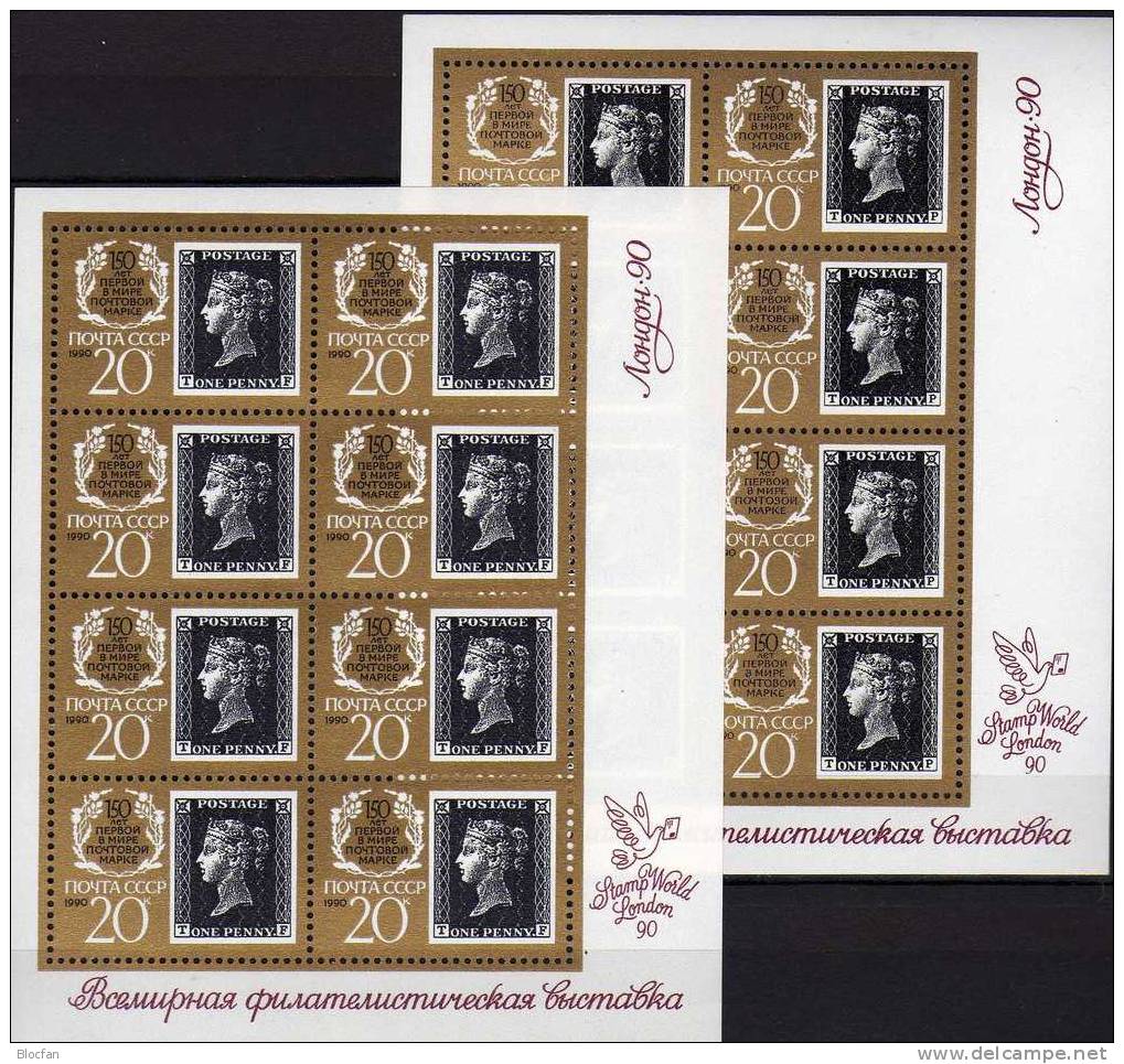 150 Jahre Briefmarken 1990 Sowjetunion 6067 8-KB Typ I+II ** 30€ Black Penny #1 Eckbuchstabe T-F/T-P Sheetlet Bf CCCP SU - Oddities On Stamps