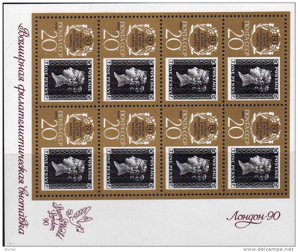 150 Jahre Briefmarken 1990 Sowjetunion 6067 8-KB Typ I+II ** 30€ Black Penny #1 Eckbuchstabe T-F/T-P sheetlet bf CCCP SU