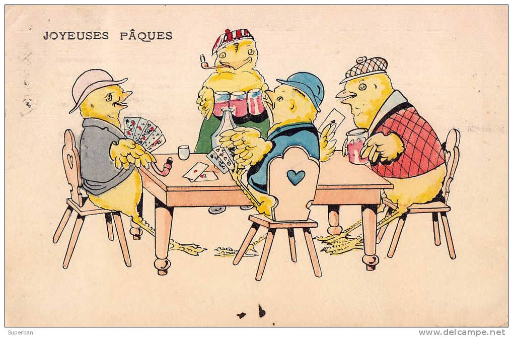 POUSSINS HABILLÉS ATTITUDE HUMAINE : JOUANT AUX CARTES Et BUVANT DE LA BIÈRE - ANNÉE: ENV. 1910 (g-913) - Playing Cards