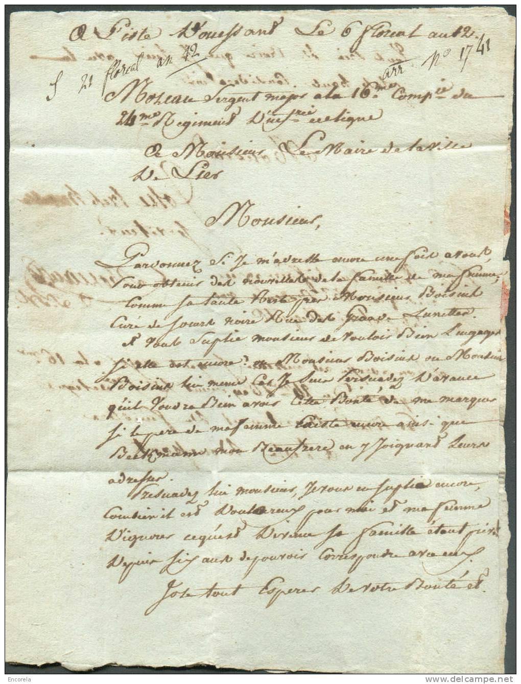 LAC Du 6 Floréal AN 12 De L'Isle D'OUESSANT Griffe P;28.P./BREST + (faible) P.P.P.P. Vers Lier (Belgique) Du Soldat Serg - 1801-1848: Vorläufer XIX