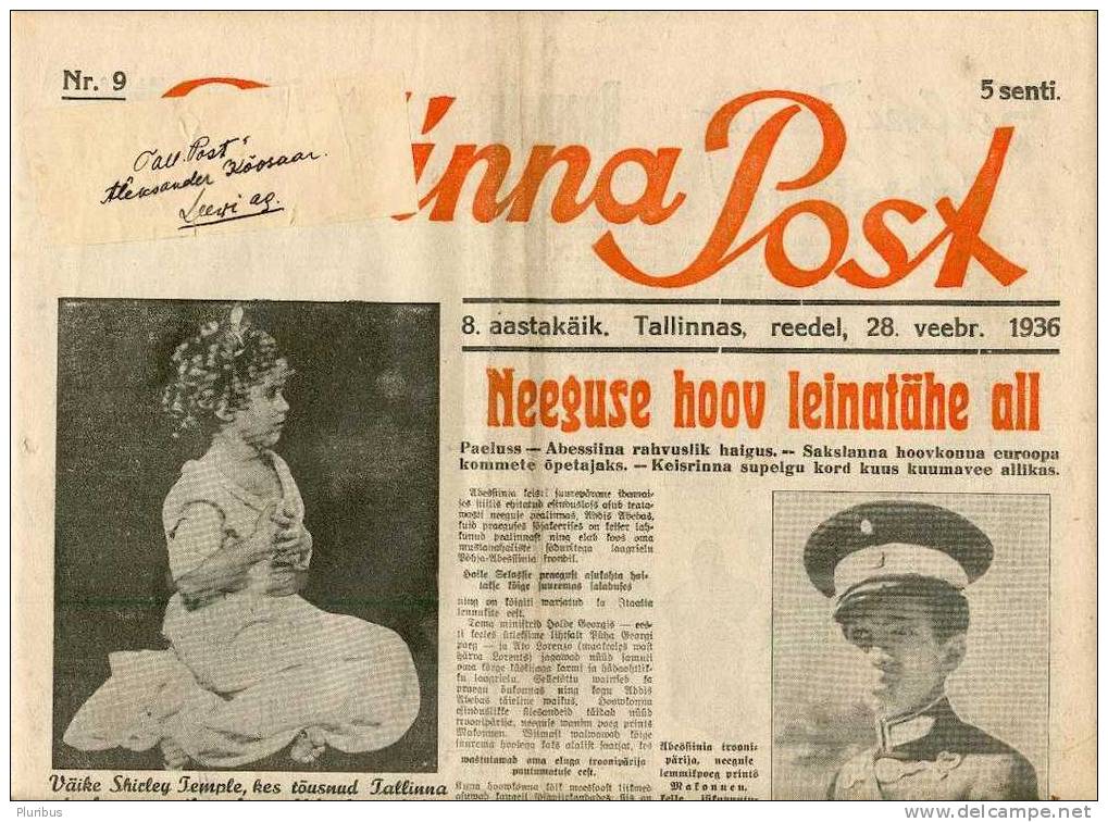 RARE!1936 SHIRLEY TEMPLE AS COVER GIRL, ESTONIAN PAPER TITLE PAGE - Magazines