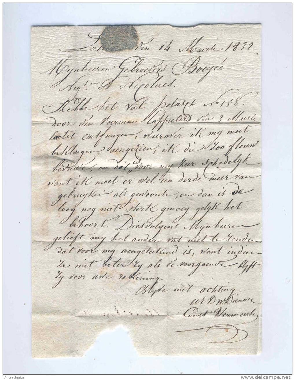 Lettre Hors Poste - LOKEREN 1832 Vers ST NICOLAES - Signé Const. Vermeulen  --  B7/083 - 1830-1849 (Belgique Indépendante)