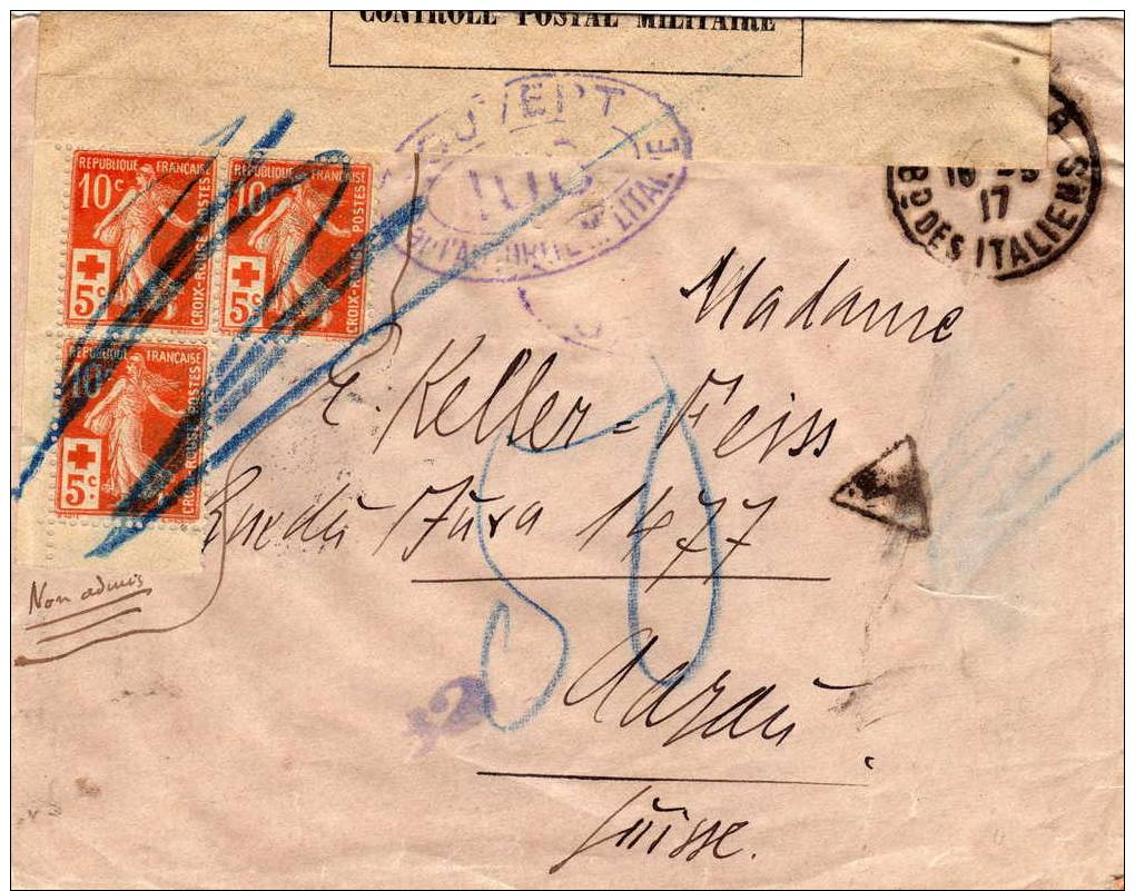 L.taxée Càd De Paris Du 16/3/1917 Affran.non Admis Annulé Au Crayon Bleu & Taxée A 50 Rappen - 1859-1959 Storia Postale