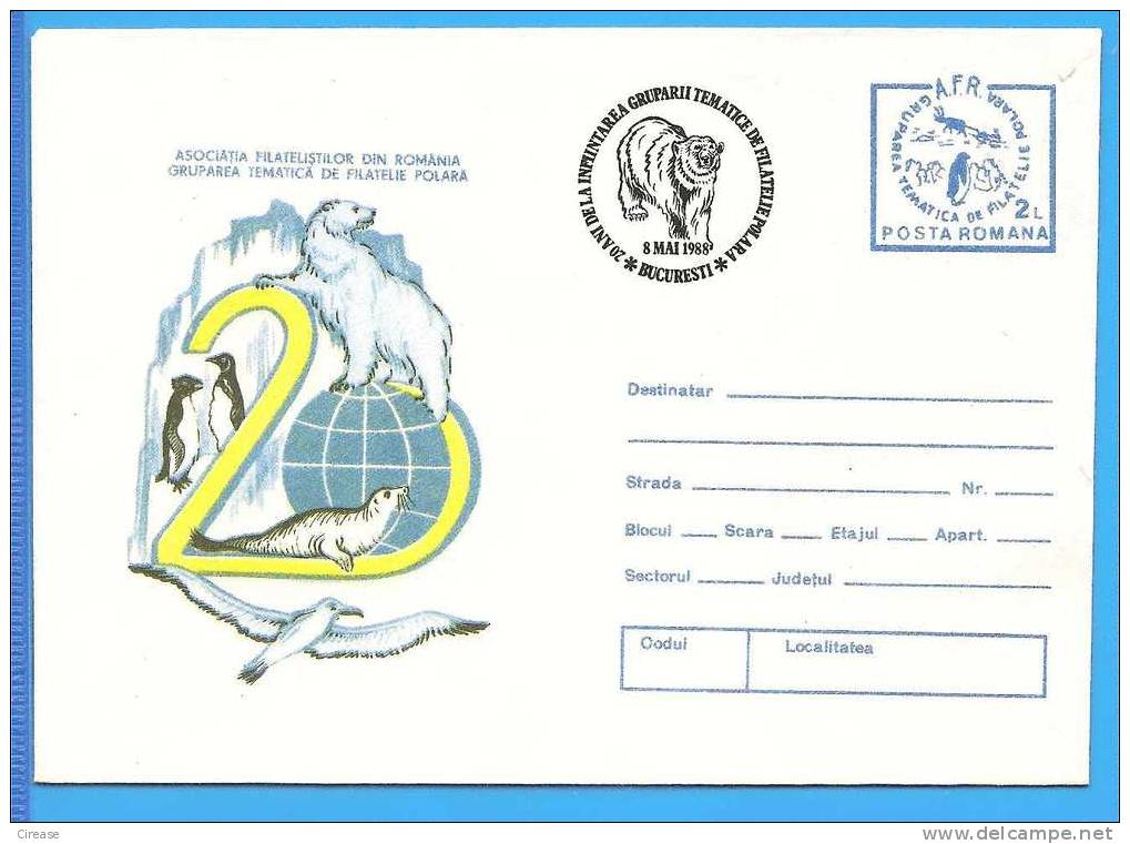Arctic Fauna. Polar Bear, Seal, Penguin, Seagull. ROMANIA Postal Stationery Cover 1988 - Orsi