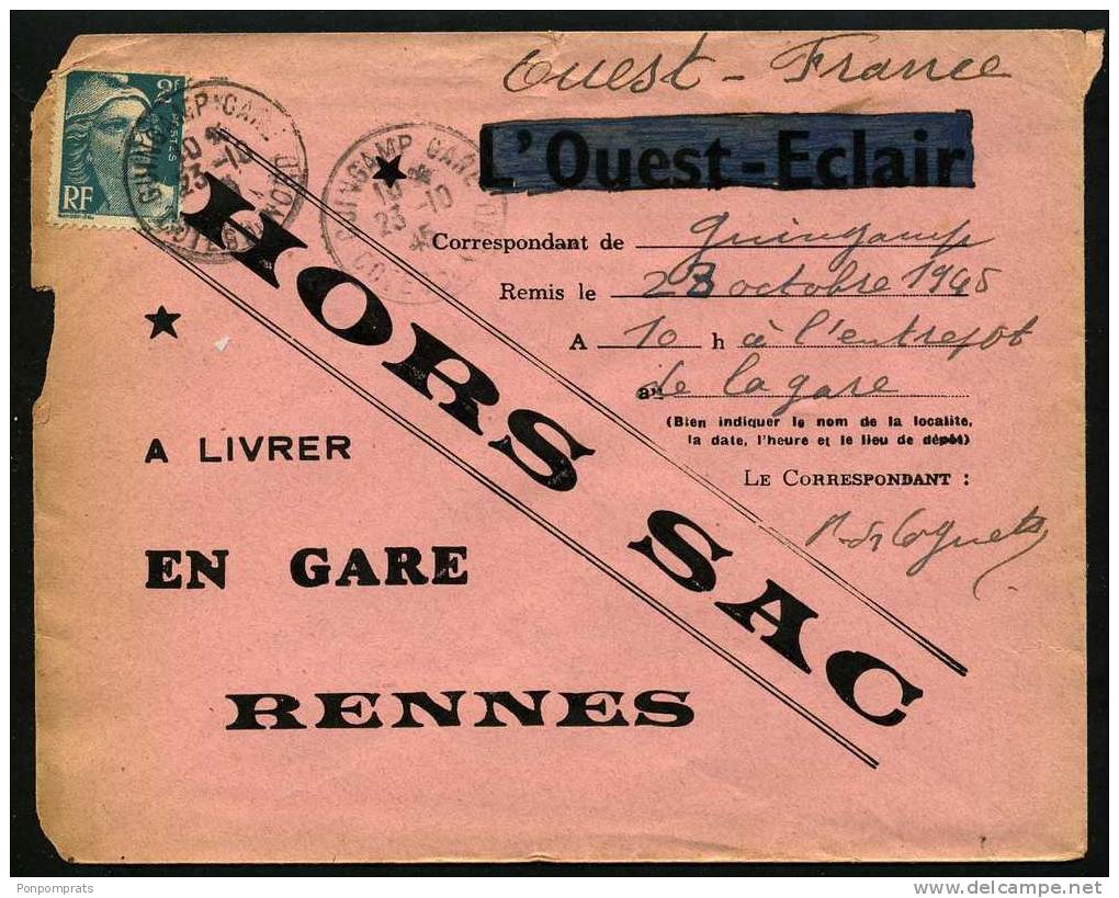 BELLE ENVELOPPE HORS-SAC  " L´OUEST-FRANCE " RENNES Avec 2F GANDON Oblt 04A4 GUINGAMP GARE - Tarifs Postaux