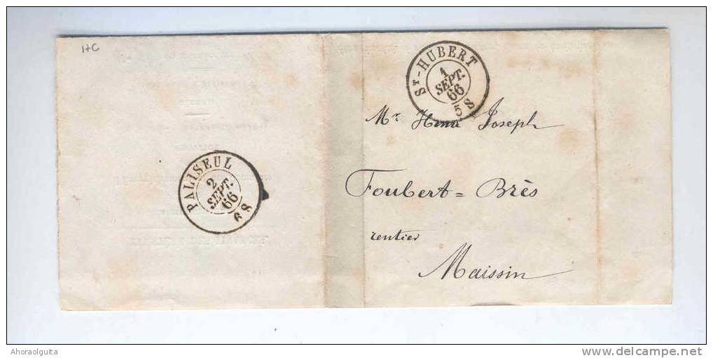 Lettre En Franchise Double Cercle ST HUBERT 1866 Vers MAISSIN Via DC PALISEUL  --  B7/136 - Franchise
