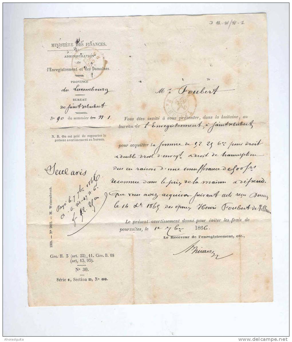 Lettre En Franchise Double Cercle ST HUBERT 1866 Vers MAISSIN Via DC PALISEUL  --  B7/136 - Zonder Portkosten