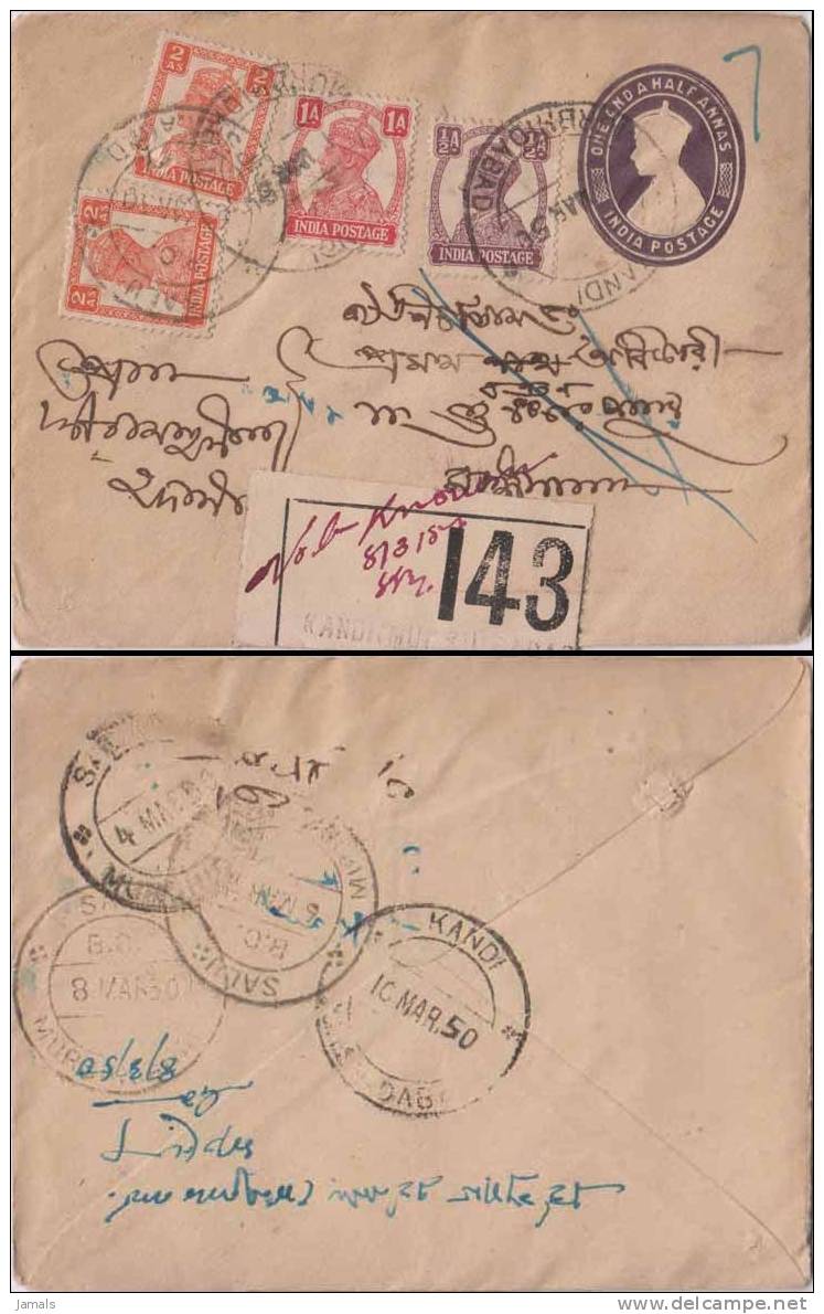 Br India King George VI, Postal Statinery Envelope, Registered, Used, India As Per The Scan - 1936-47 Koning George VI