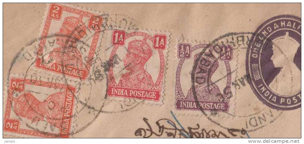 Br India King George VI, Postal Statinery Envelope, Registered, Used, India As Per The Scan - 1936-47 Roi Georges VI