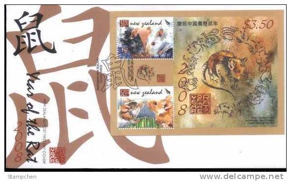 FDC 2008  New Zealand Chinese New Year Zodiac Stamp S/s - Rat Mouse - Roedores