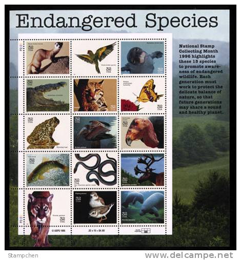1996 USA ENDANGERED SPECIES Sheet #3105 Bird Crocodile Butterfly Parrot Trout Snake Frog - Snakes